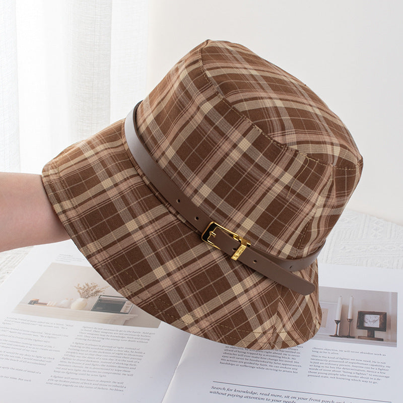 Wholesale British Vintage Plaid Fisherman Hat Children's Belt Buckle Sun Protection Basin Hat Face Showing Small Sun Hat